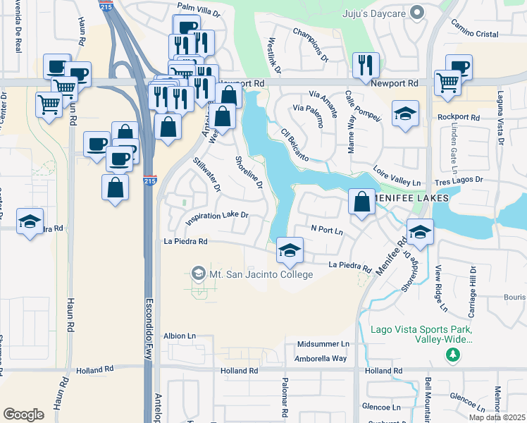 map of restaurants, bars, coffee shops, grocery stores, and more near 30531 Shoreline Drive in Menifee
