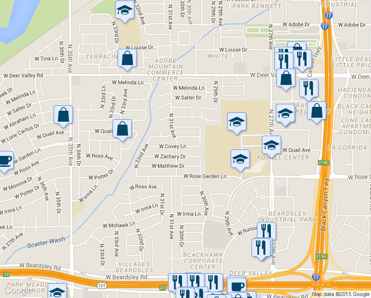 map of restaurants, bars, coffee shops, grocery stores, and more near 3034 West Zachary Drive in Phoenix