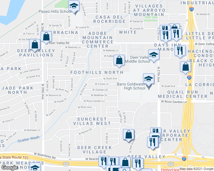 map of restaurants, bars, coffee shops, grocery stores, and more near 3034 West Zachary Drive in Phoenix