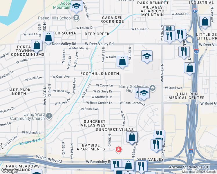 map of restaurants, bars, coffee shops, grocery stores, and more near 3034 West Zachary Drive in Phoenix