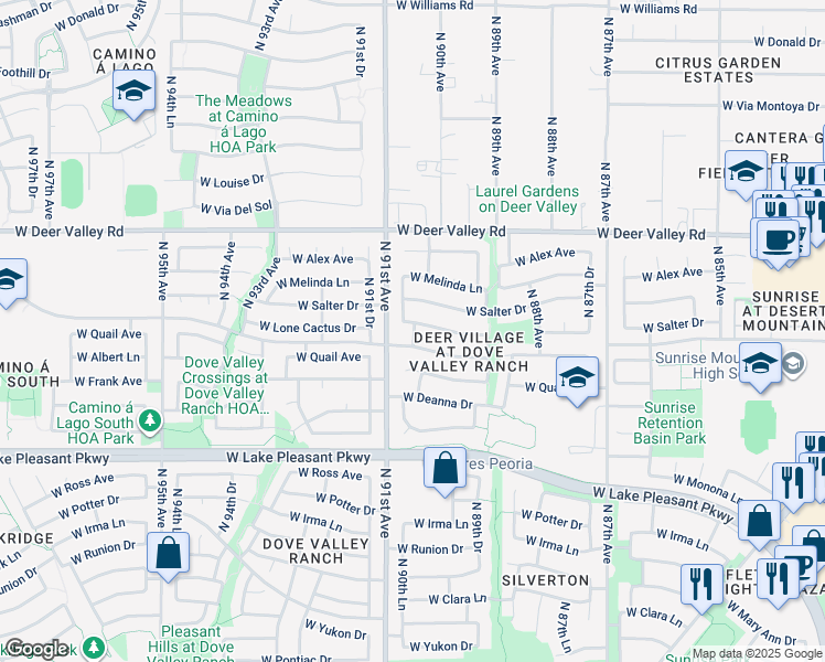 map of restaurants, bars, coffee shops, grocery stores, and more near 9019 West Lone Cactus Drive in Peoria