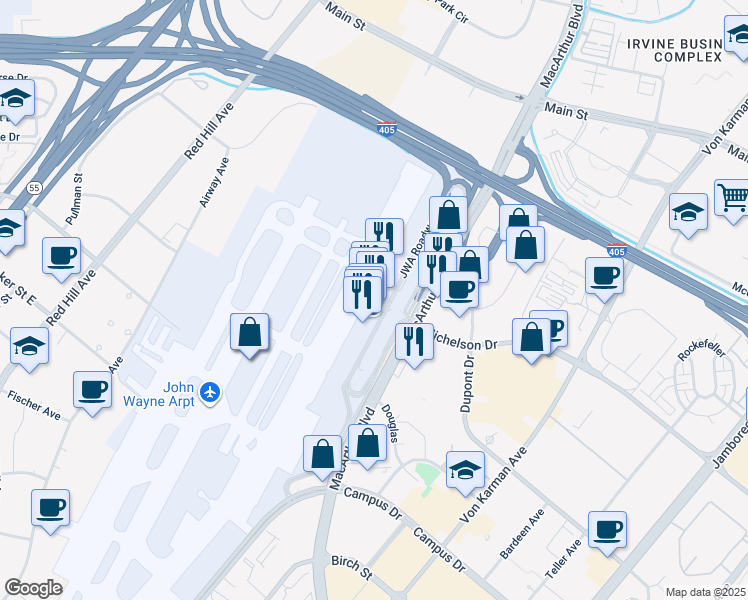map of restaurants, bars, coffee shops, grocery stores, and more near 18601 North Airport Way in Santa Ana