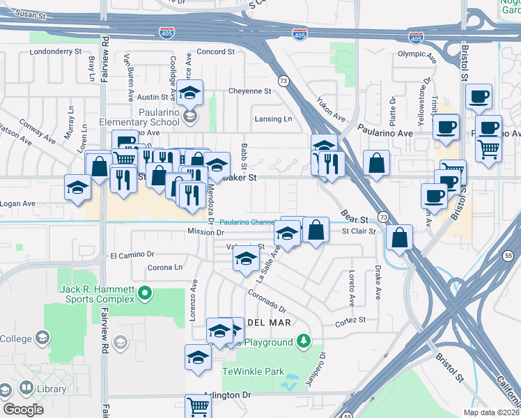 map of restaurants, bars, coffee shops, grocery stores, and more near 995 Post Road in Costa Mesa