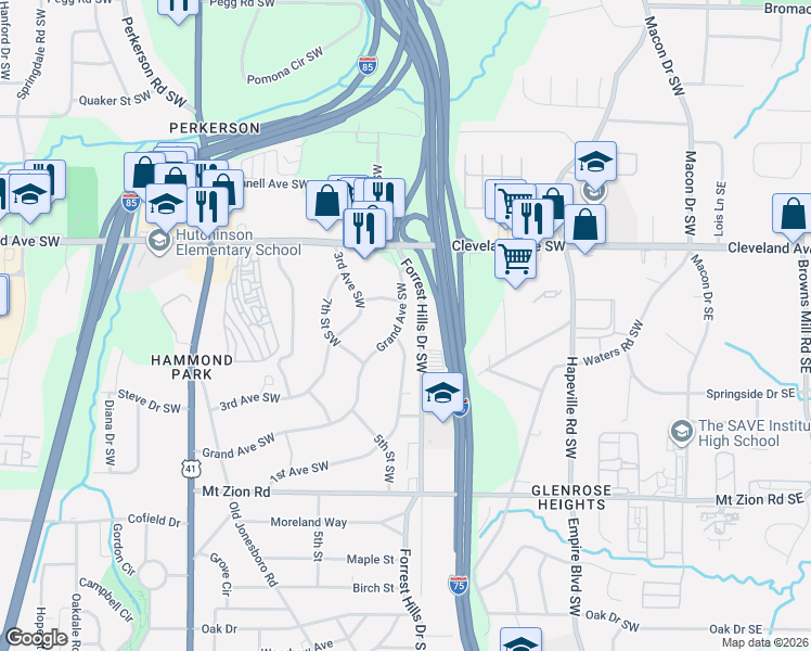 map of restaurants, bars, coffee shops, grocery stores, and more near 2827 1st Avenue Southwest in Atlanta