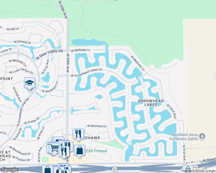 map of restaurants, bars, coffee shops, grocery stores, and more near 5652 West Abraham Lane in Glendale