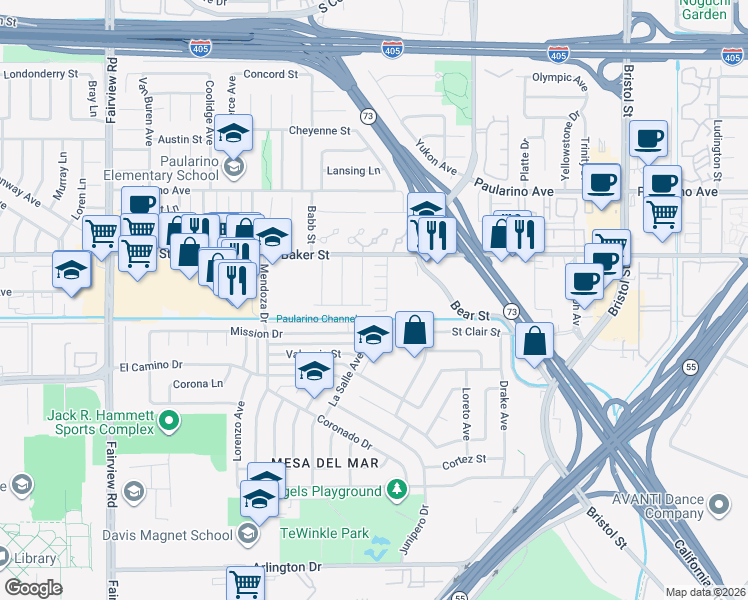 map of restaurants, bars, coffee shops, grocery stores, and more near Vivid Lane in Costa Mesa