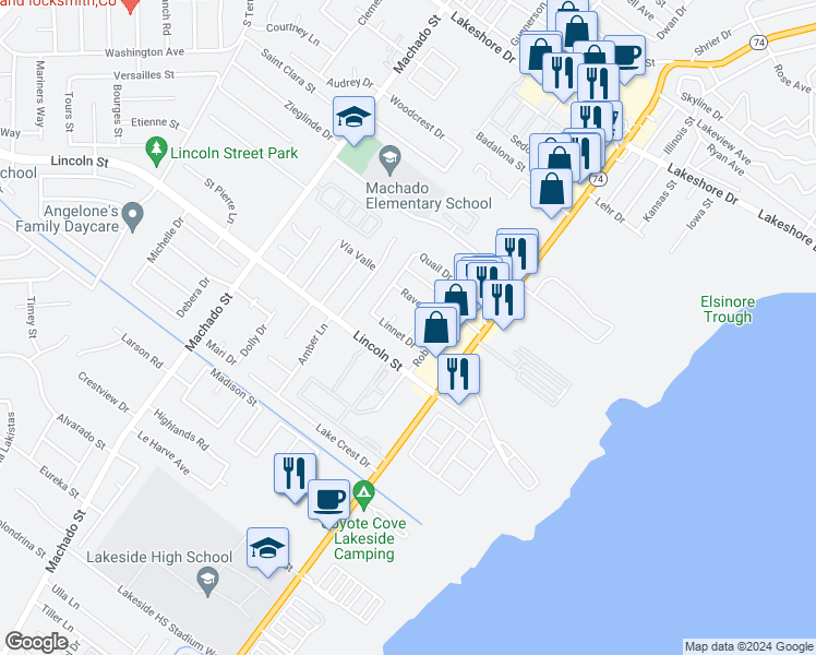 map of restaurants, bars, coffee shops, grocery stores, and more near 819 Canary Court in Lake Elsinore