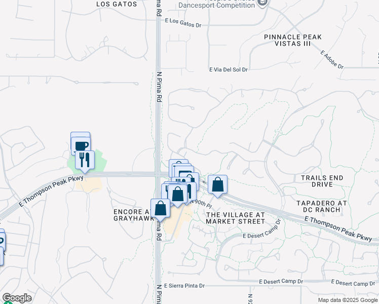 map of restaurants, bars, coffee shops, grocery stores, and more near 9270 East Thompson Peak Parkway in Scottsdale