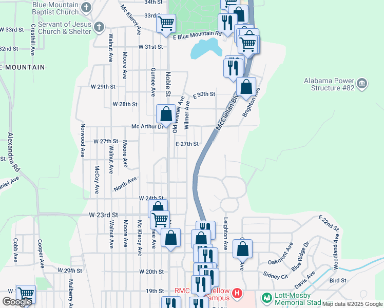 map of restaurants, bars, coffee shops, grocery stores, and more near 2540 Wilmer Avenue in Anniston