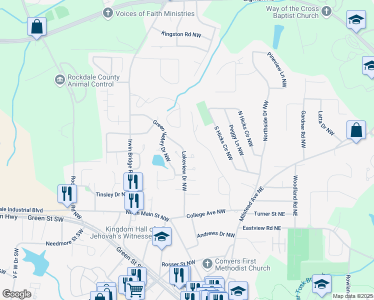 map of restaurants, bars, coffee shops, grocery stores, and more near 1293 Lakeview Drive Northwest in Conyers