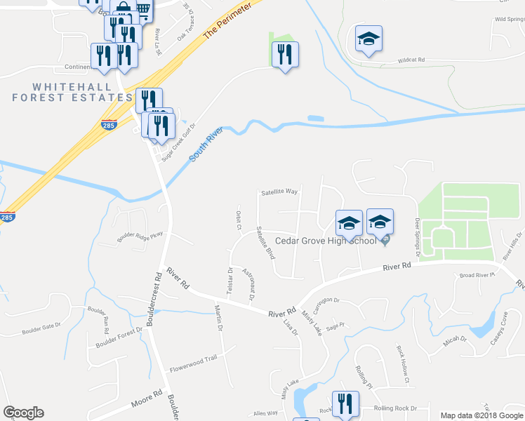 map of restaurants, bars, coffee shops, grocery stores, and more near 3560 Satellite Boulevard in Ellenwood