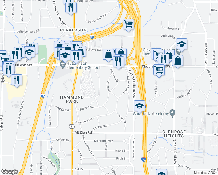 map of restaurants, bars, coffee shops, grocery stores, and more near 2800 7th Street Southwest in Atlanta