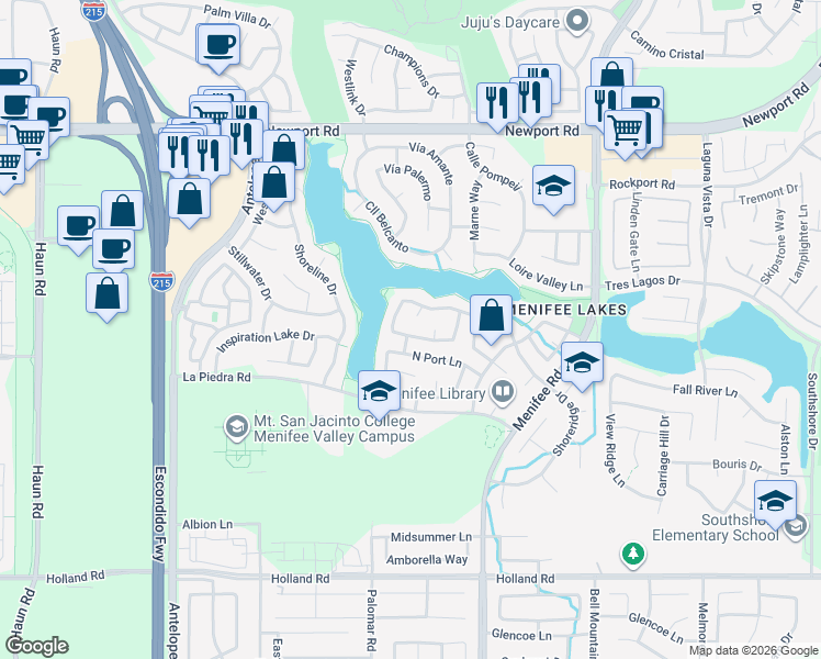 map of restaurants, bars, coffee shops, grocery stores, and more near 28570 Sand Island Way in Menifee