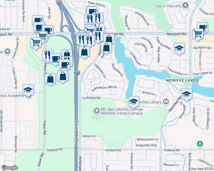 map of restaurants, bars, coffee shops, grocery stores, and more near 28243 Inspiration Lake Drive in Menifee