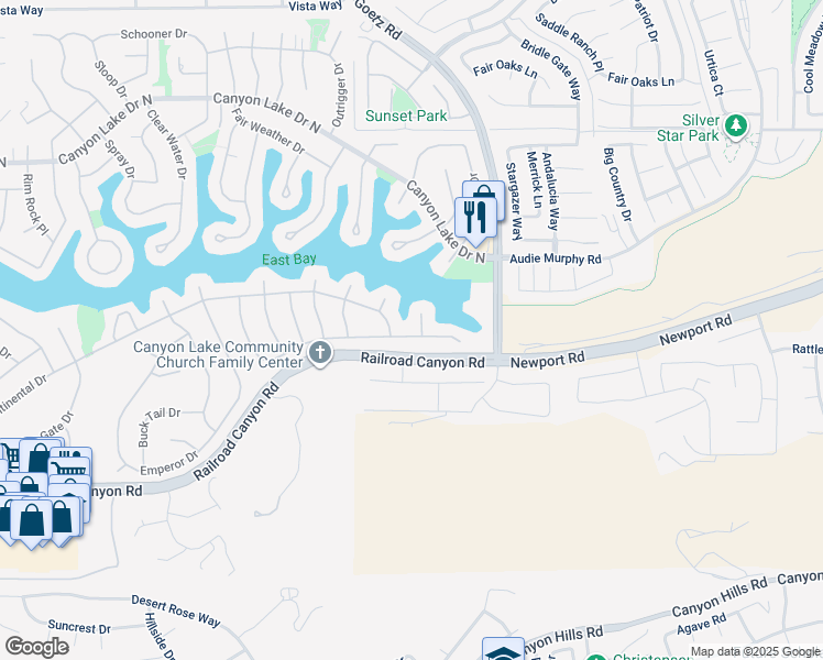 map of restaurants, bars, coffee shops, grocery stores, and more near 24150 Cruise Circle Drive in Canyon Lake