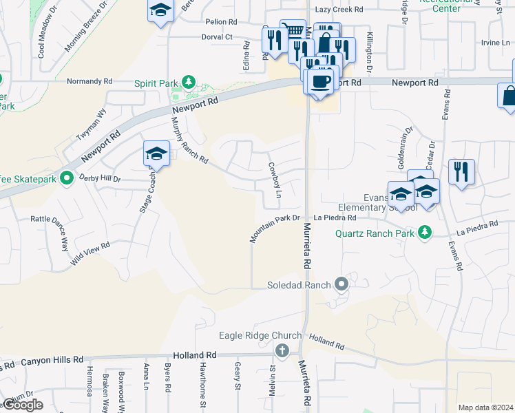 map of restaurants, bars, coffee shops, grocery stores, and more near 25837 Wilderness Way in Menifee