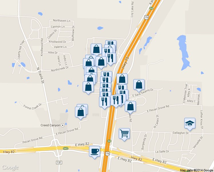 map of restaurants, bars, coffee shops, grocery stores, and more near 3808 U.S. 75 in Sherman