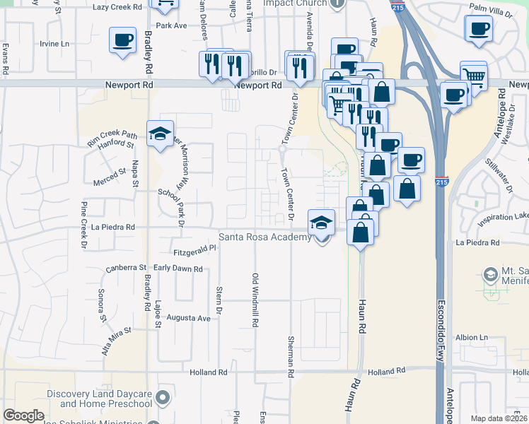 map of restaurants, bars, coffee shops, grocery stores, and more near 30520 Old Windmill Road in Menifee