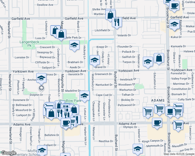 map of restaurants, bars, coffee shops, grocery stores, and more near 9301 Portsmouth Drive in Huntington Beach