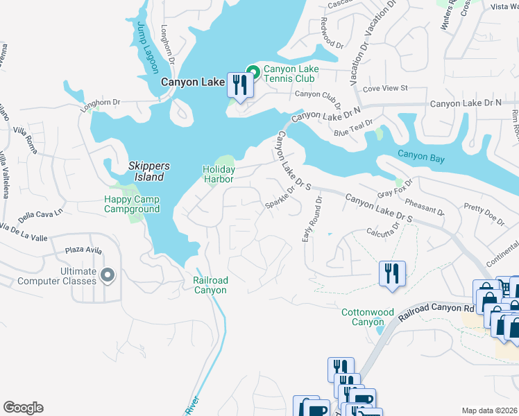 map of restaurants, bars, coffee shops, grocery stores, and more near 30470 Sparkle Drive in Canyon Lake