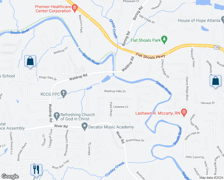 map of restaurants, bars, coffee shops, grocery stores, and more near 3822 Waldrop Hills Drive in Decatur