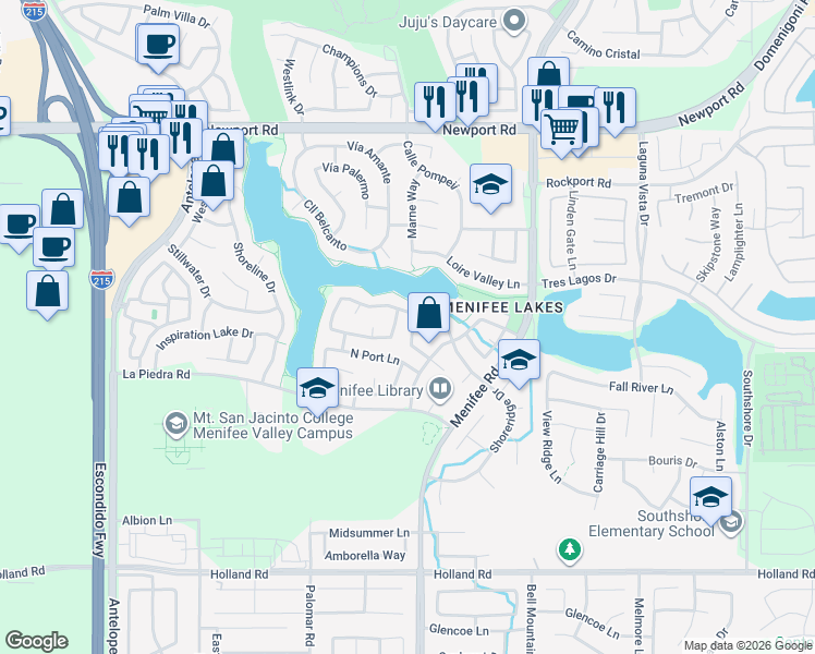 map of restaurants, bars, coffee shops, grocery stores, and more near 30449 Meadow Run Place in Menifee