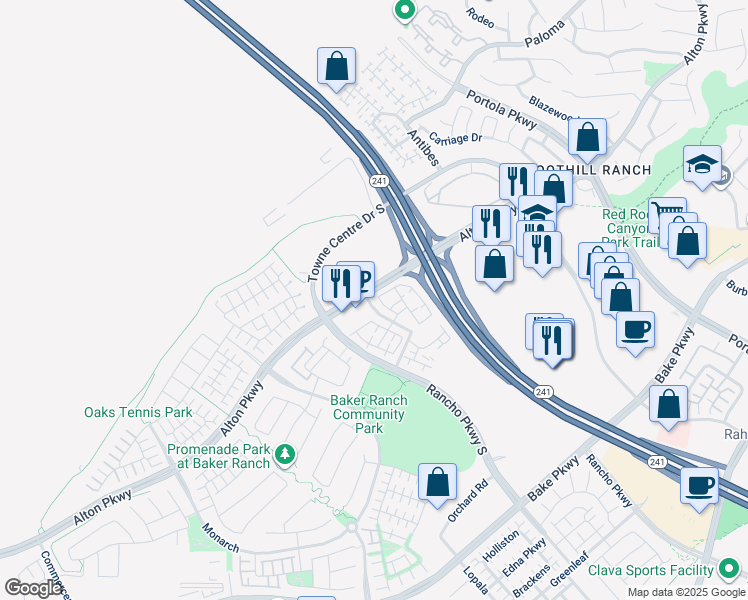 map of restaurants, bars, coffee shops, grocery stores, and more near 118 Sunflower in Lake Forest