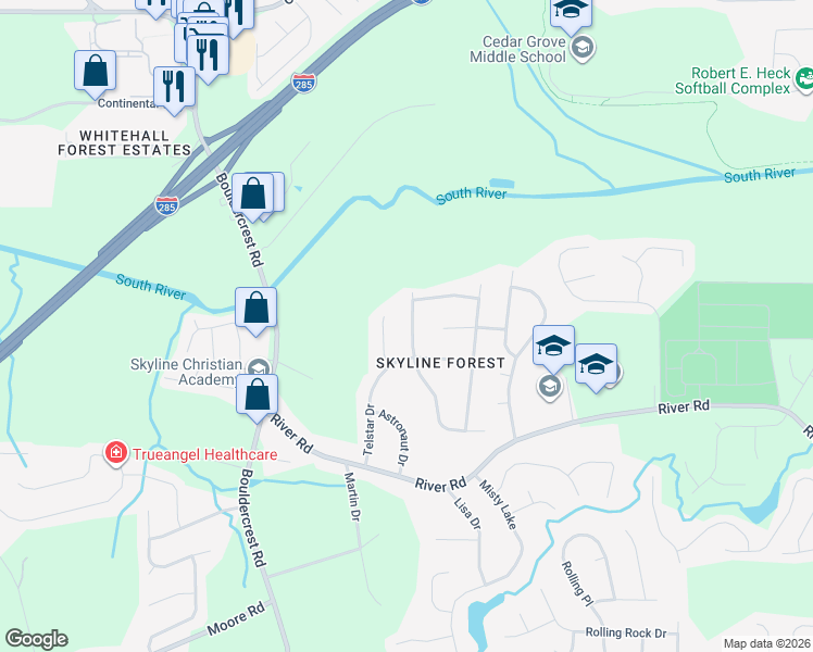 map of restaurants, bars, coffee shops, grocery stores, and more near 3563 Satellite Boulevard in Ellenwood
