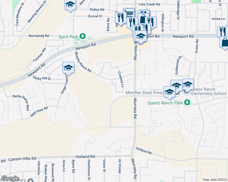 map of restaurants, bars, coffee shops, grocery stores, and more near 25837 Wilderness Way in Menifee