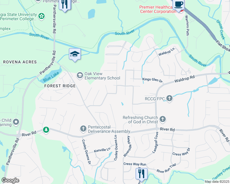 map of restaurants, bars, coffee shops, grocery stores, and more near 3068 River Oak Road in Decatur