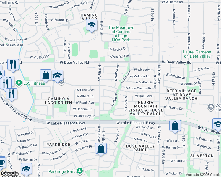 map of restaurants, bars, coffee shops, grocery stores, and more near 9433 West Quail Avenue in Peoria