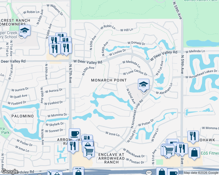 map of restaurants, bars, coffee shops, grocery stores, and more near 6361 West Firebird Drive in Glendale