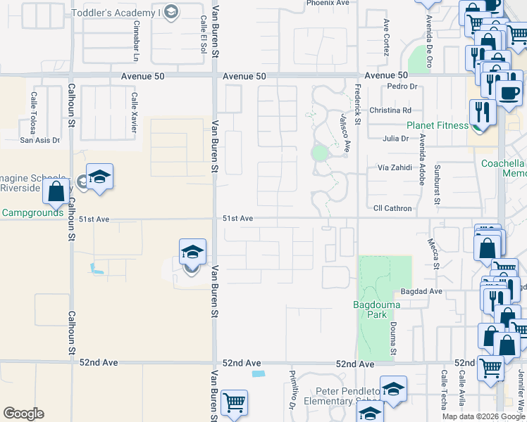 map of restaurants, bars, coffee shops, grocery stores, and more near 84168 La Jolla Avenue in Coachella