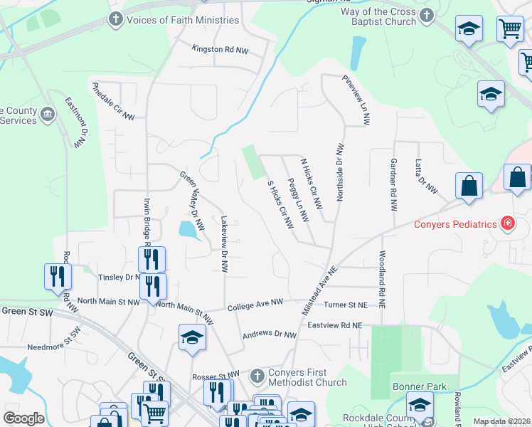 map of restaurants, bars, coffee shops, grocery stores, and more near 1338 Springwood Drive Northwest in Conyers