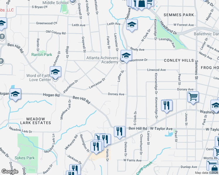 map of restaurants, bars, coffee shops, grocery stores, and more near 2187 Dorsey Avenue in East Point