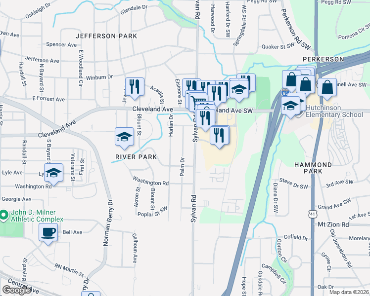 map of restaurants, bars, coffee shops, grocery stores, and more near 2802 Palm Drive in Atlanta