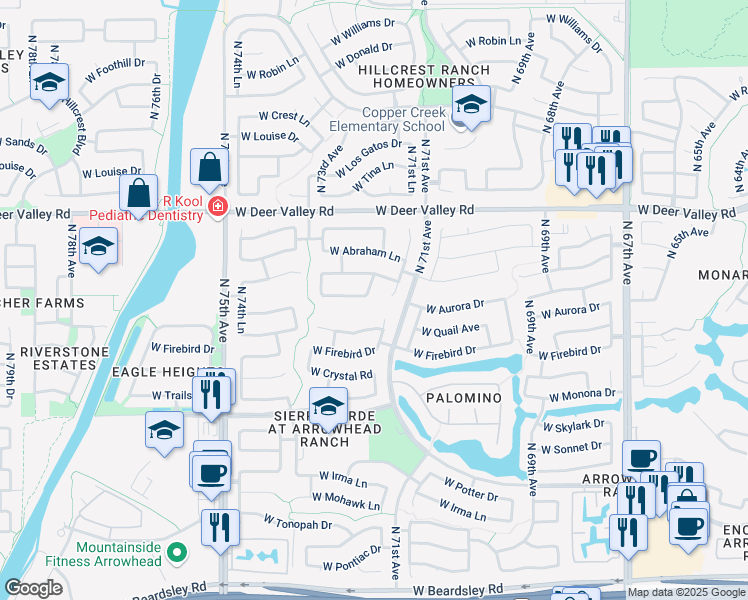 map of restaurants, bars, coffee shops, grocery stores, and more near 21129 North 71st Drive in Glendale