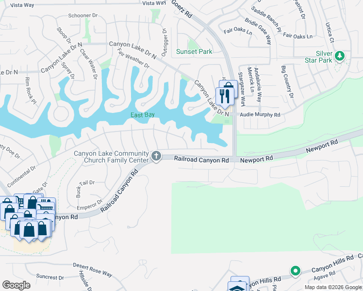 map of restaurants, bars, coffee shops, grocery stores, and more near 24080 Cruise Circle Drive in Canyon Lake