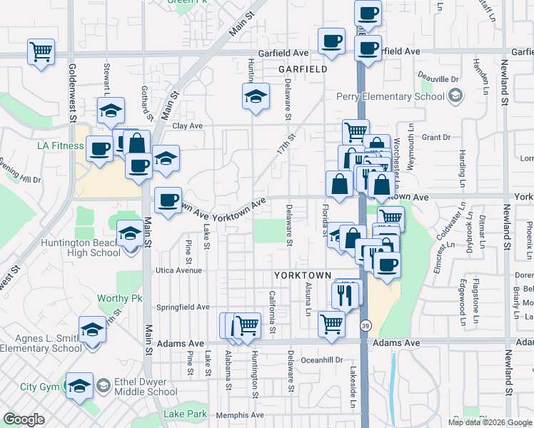 map of restaurants, bars, coffee shops, grocery stores, and more near 2323 Whitesands Drive in Huntington Beach