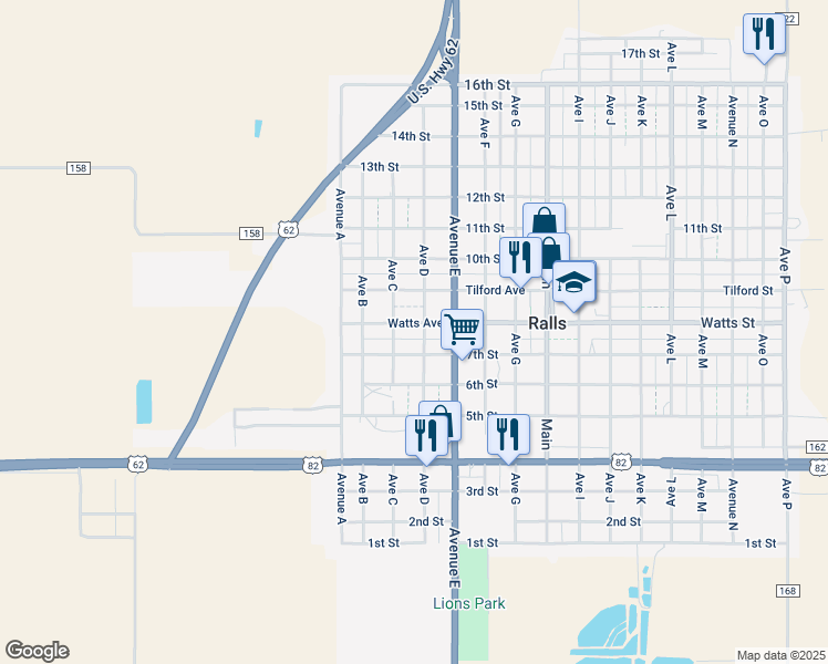 map of restaurants, bars, coffee shops, grocery stores, and more near 300-398 7th Street in Ralls
