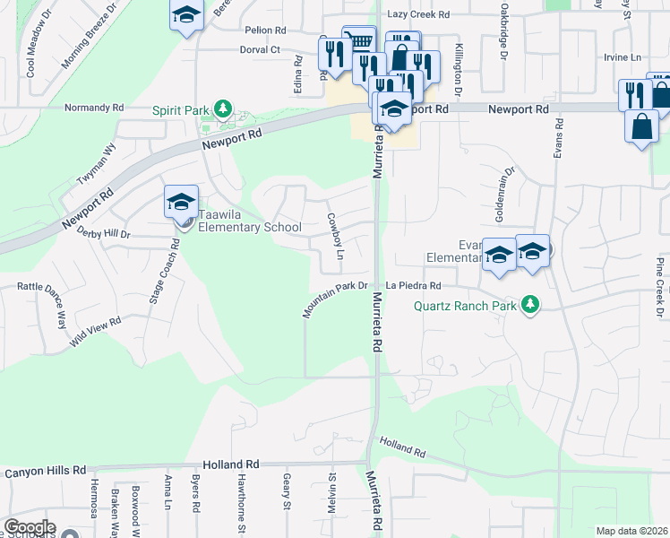 map of restaurants, bars, coffee shops, grocery stores, and more near 30459 Cowboy Lane in Menifee