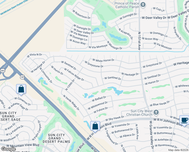 map of restaurants, bars, coffee shops, grocery stores, and more near 21416 North 157th Drive in Sun City West