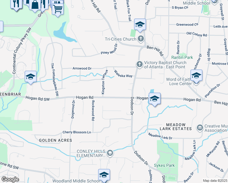map of restaurants, bars, coffee shops, grocery stores, and more near 2775 Hogan Road in East Point