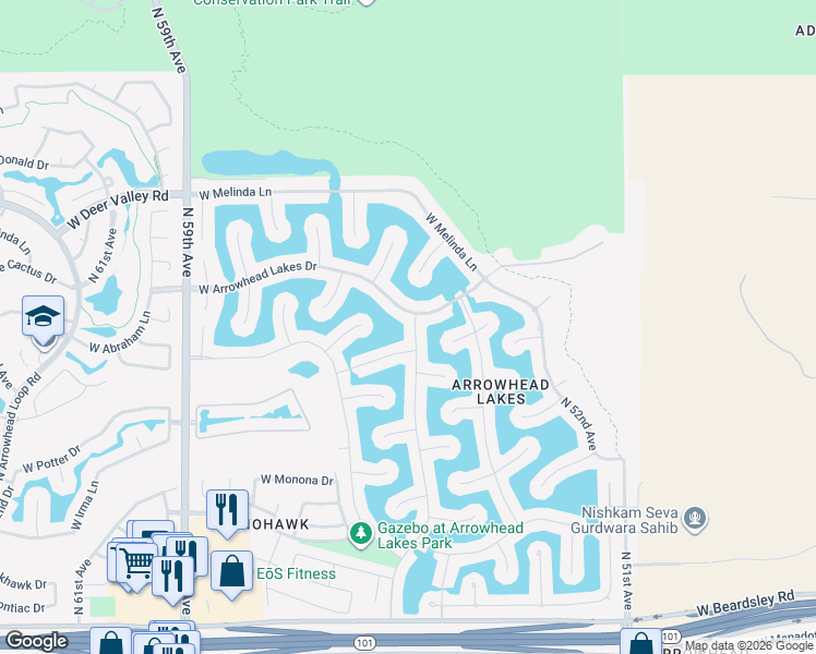 map of restaurants, bars, coffee shops, grocery stores, and more near 21409 North 55th Avenue in Glendale