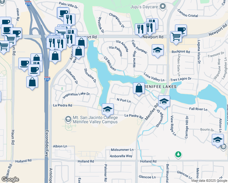 map of restaurants, bars, coffee shops, grocery stores, and more near 28552 Sand Island Way in Menifee