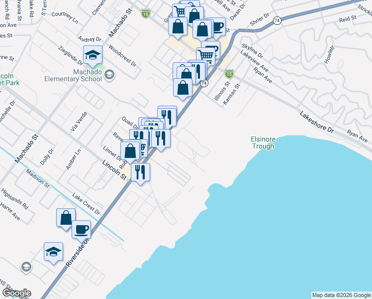 map of restaurants, bars, coffee shops, grocery stores, and more near 16465 1/2 Joy Street in Lake Elsinore