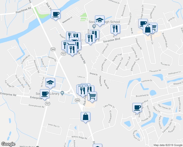 map of restaurants, bars, coffee shops, grocery stores, and more near 5275 Strand Drive in Myrtle Beach