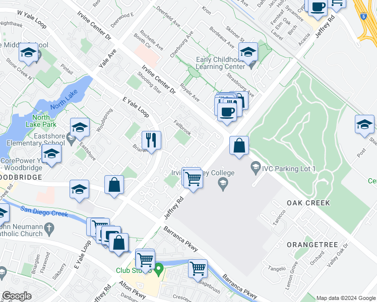 map of restaurants, bars, coffee shops, grocery stores, and more near 13 Autumn Oak in Irvine