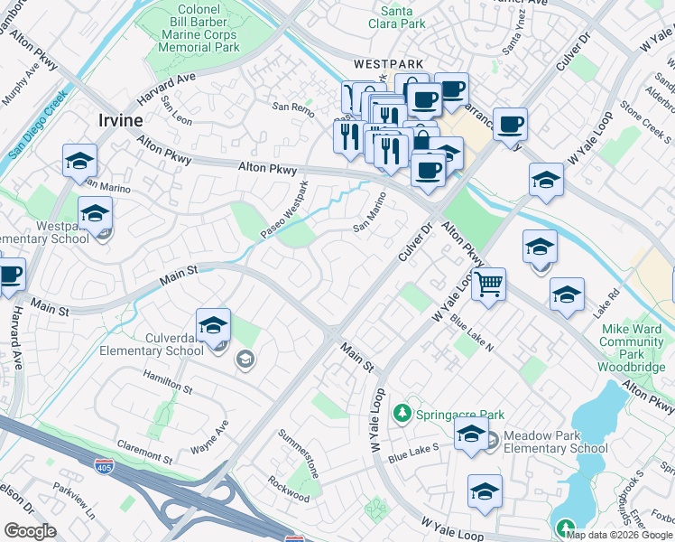map of restaurants, bars, coffee shops, grocery stores, and more near 5 Aguilar in Irvine