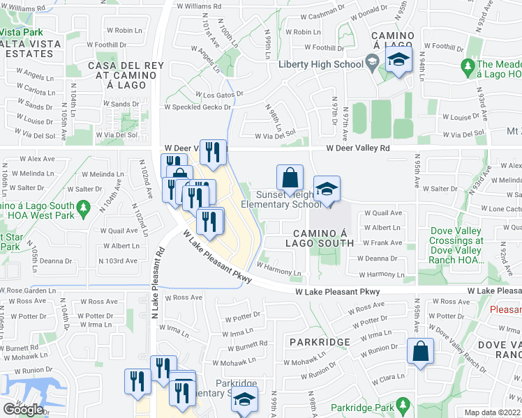 map of restaurants, bars, coffee shops, grocery stores, and more near 9881 West Salter Drive in Peoria
